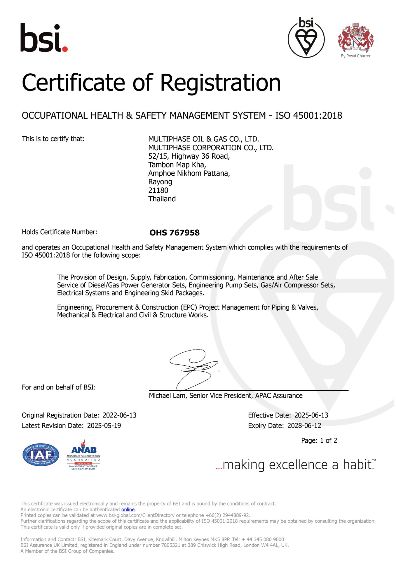 Certificate ISO 45001v2018